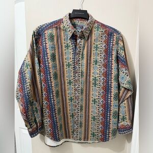 Vtg 90s Woolrich Denim Shacket Shirt Mens XL Southwestern Cowboy Aztec Print